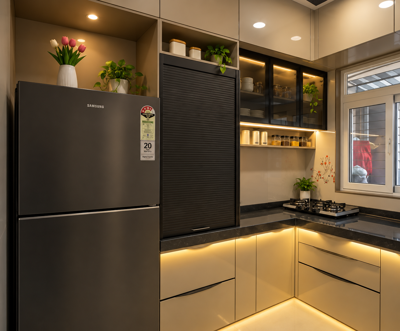 Bespoke modular kitchen cabinetry with fluted glass and marble countertop in Mumbai