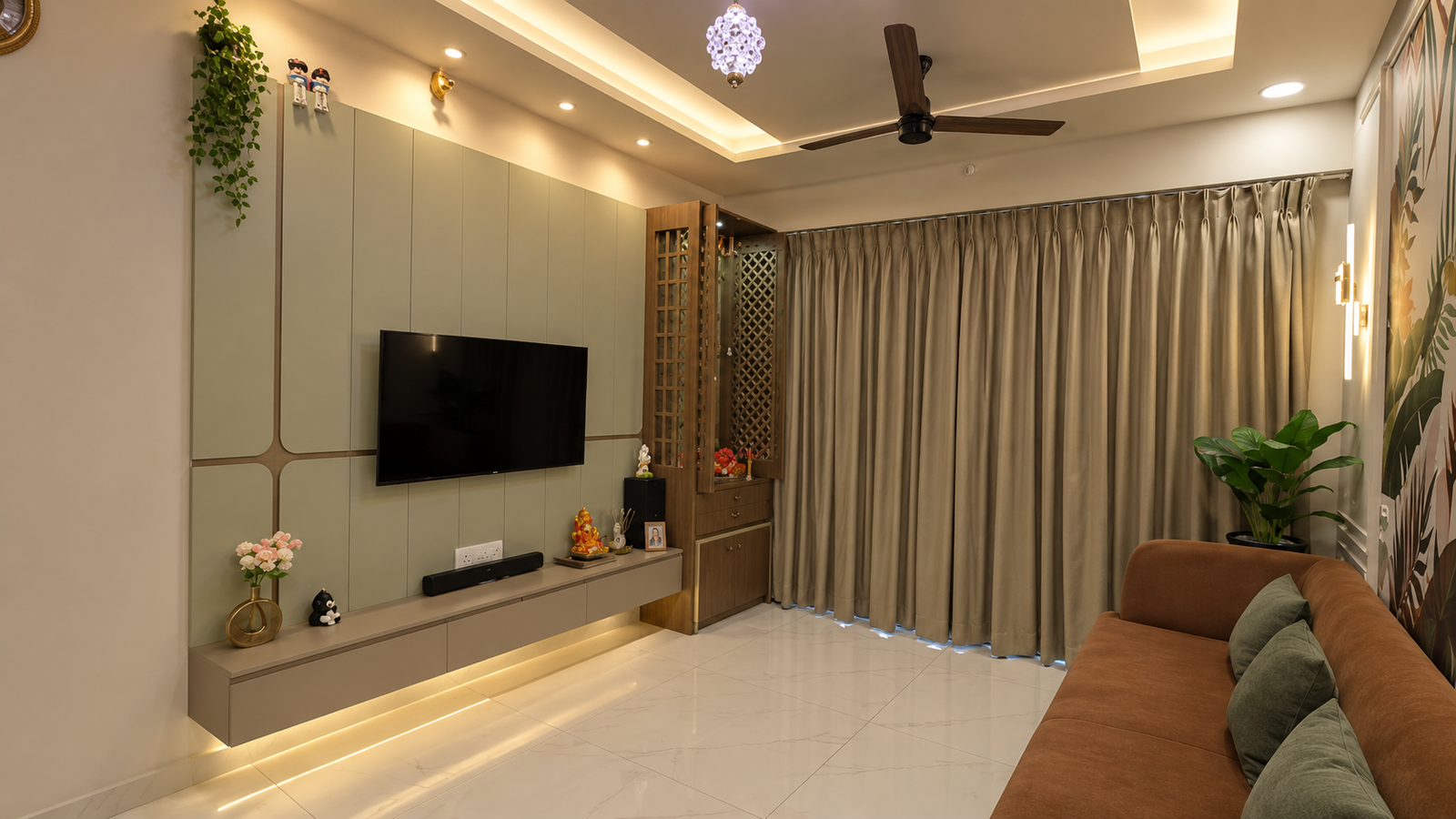 Sage green fluted feature wall renovation interior design Mumbai Dombivli